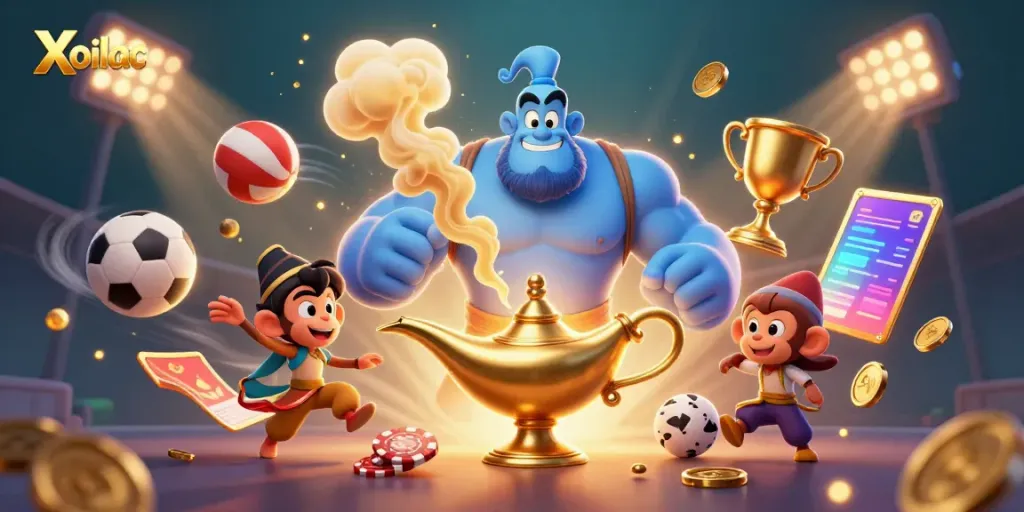 Xoilac brings excitement to sports betting with dynamic 3D illustration of animated characters and sports elements.