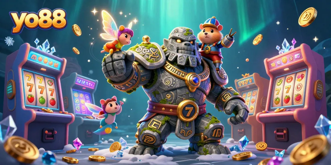 Experience exciting gameplay with yo88 as a stone golem guardian and a hamster knight in a vibrant casino adventure.