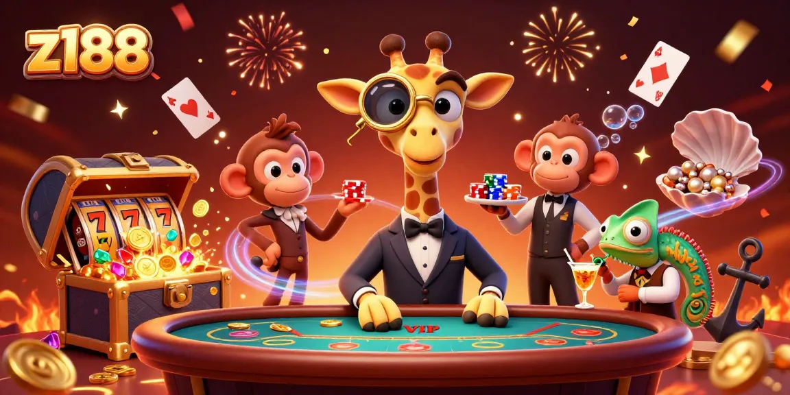 Engage with z188's colorful casino atmosphere, featuring a giraffe at a poker table in this vibrant scene.