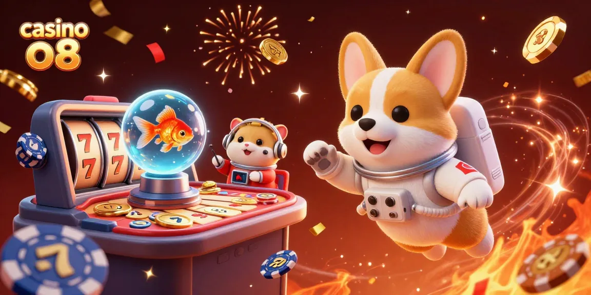 Experience thrilling gameplay at casino o8 with floating poker chips and a cartoon corgi in zero gravity.