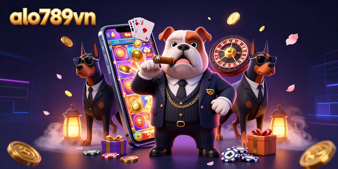 Engage with alo789vn's dynamic casino atmosphere featuring cartoon mafia and casino elements.