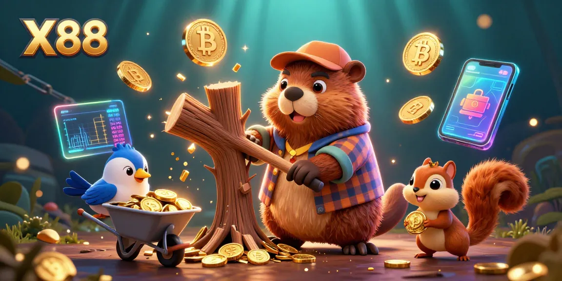 X88 platform offers an exciting experience with vibrant beaver, bird, and squirrel characters amidst golden coins and crypto elements.