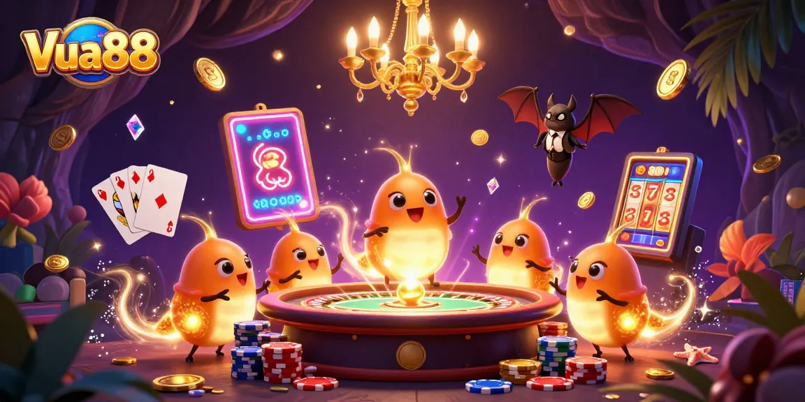 Experience Vua88's colorful cave casino with glowing glowworms, coins, and vibrant gaming elements.