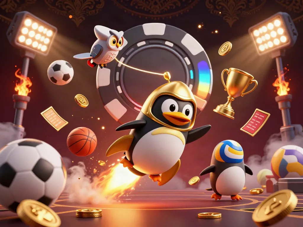 Experience the thrill of jp net with a golden penguin and dynamic sports elements in a casino space.