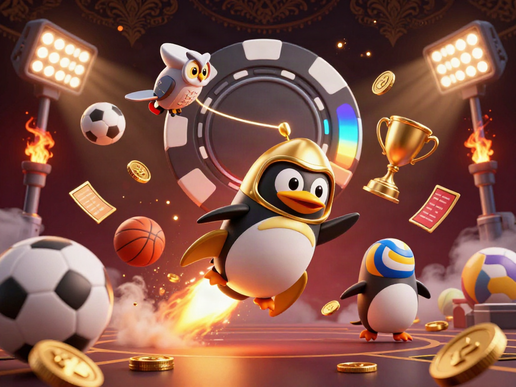 Experience the thrill of jp net with a golden penguin and dynamic sports elements in a casino space.
