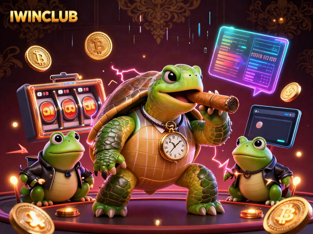 IWINCLUB showcases a dynamic casino scene with a turtle mobster and bullfrog enforcers amidst vibrant gaming elements.