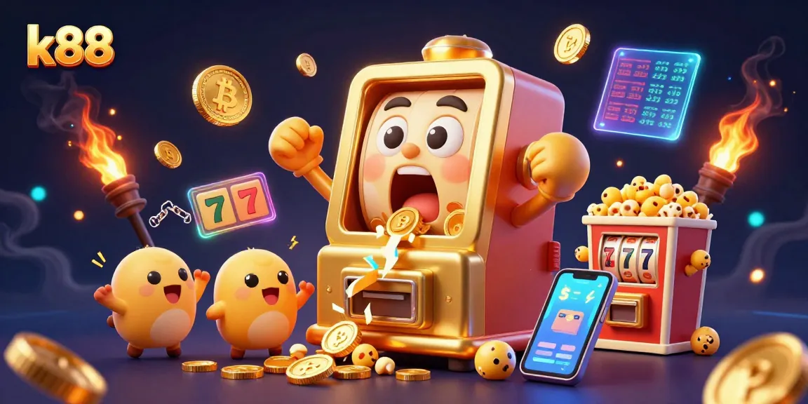 Spin the k88 jackpot with lively slot machines pouring coins and excited cheers in a vibrant casino atmosphere