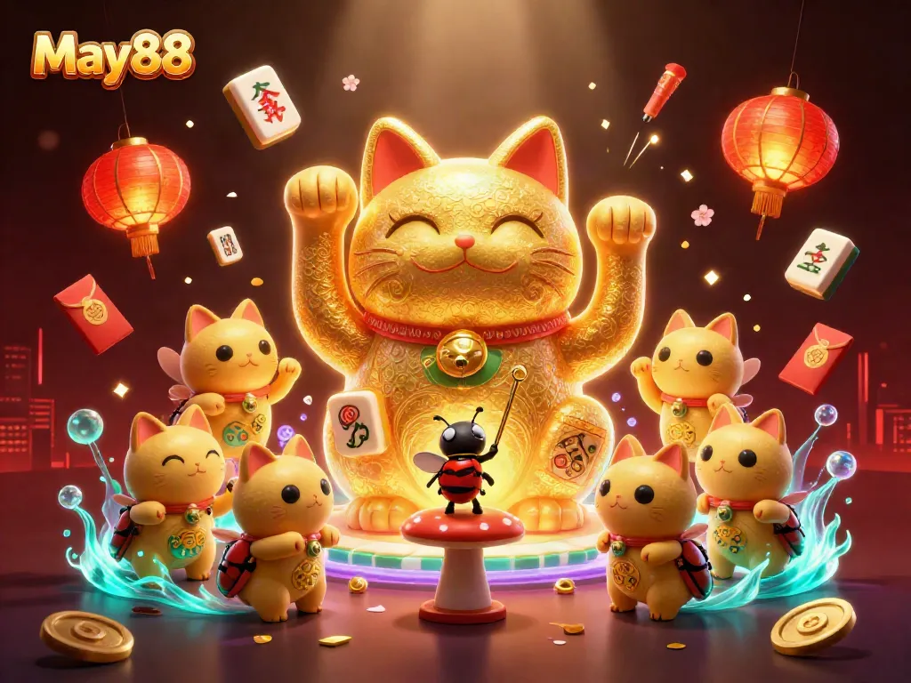 Experience May88's vibrant themes with 3D fireflies crafting a lucky cat, symbolizing gaming magic.