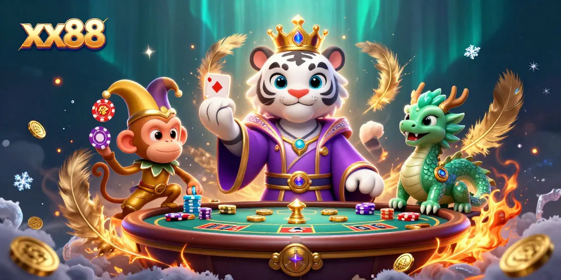 Play poker with engaging characters at xx88, featuring a white tiger in regal attire and a monkey juggling chips.
