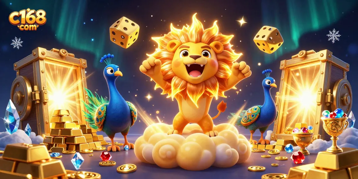 Engage with c168 com's dynamic casino experience featuring a roaring sun lion and vibrant gold treasures.