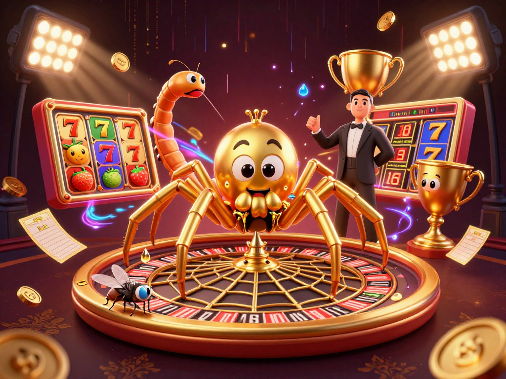 Experience thrilling gameplay at sumclub with our immersive casino scene featuring golden spiders and winning jackpots.