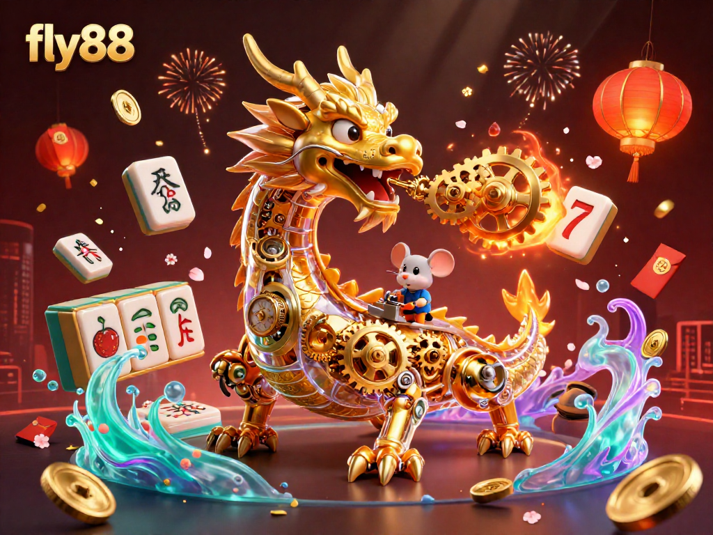 Experience fly88's thrilling casino scene with a golden dragon and vibrant gaming elements.