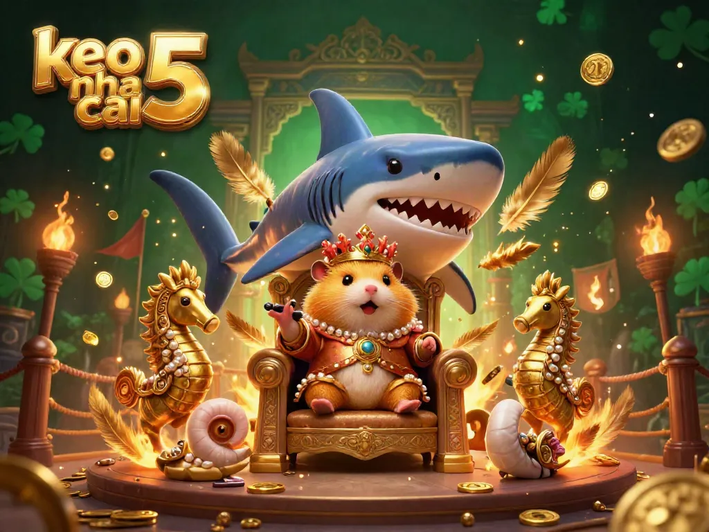 Experience keo nha cai 5 with a golden hamster king on a megalodon throne, showcasing vibrant betting elements and lively atmosphere.