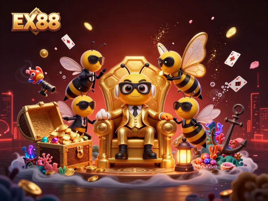 Win big with EX88 in a packed casino scene featuring a bumblebee mob boss.