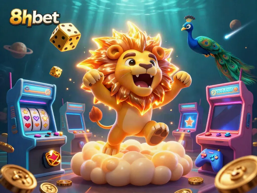 Join in the excitement at 8xbet with a vivid 3D illustration showcasing thrilling gambling elements and characters.