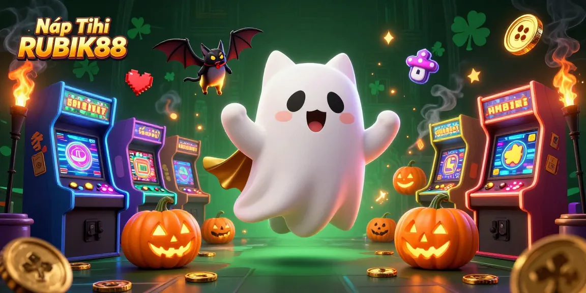 Nạp Tiền RUBIK88 with a ghost cat and bat in a haunted casino, featuring dynamic gaming elements.