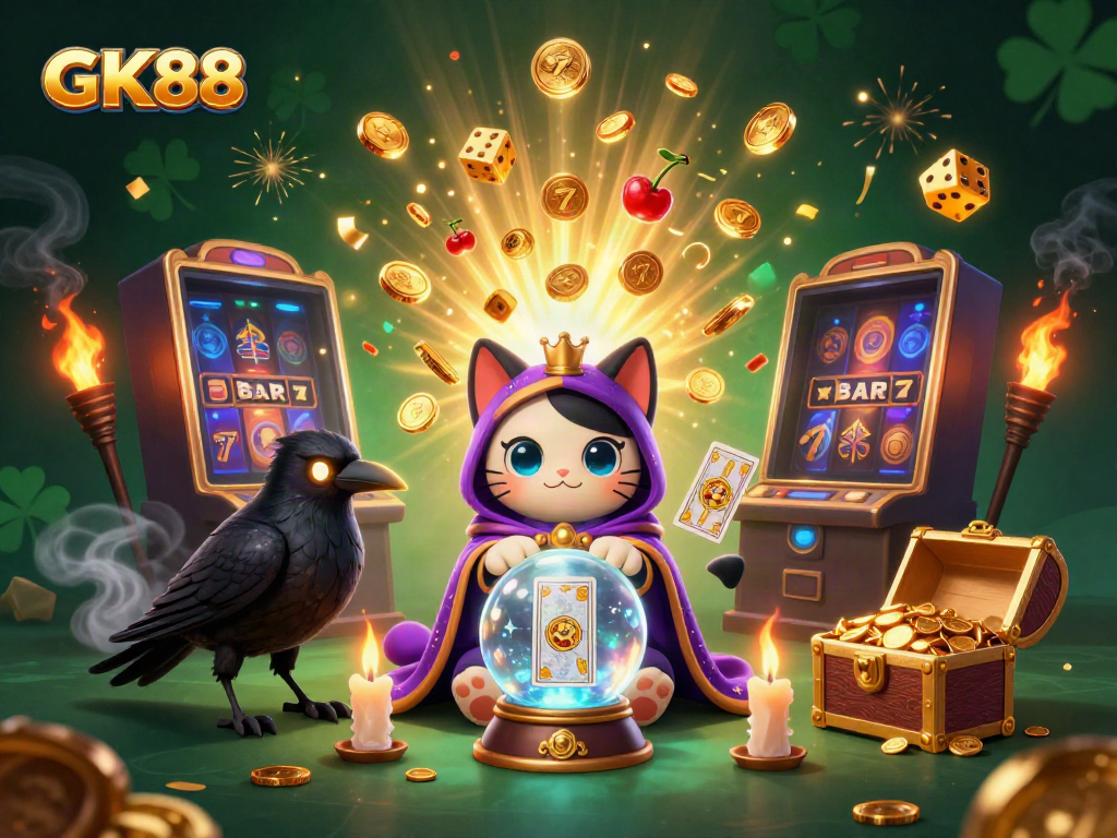 Experience the excitement of GK88 with a mystical casino scene filled with vibrant 3D characters and slots.