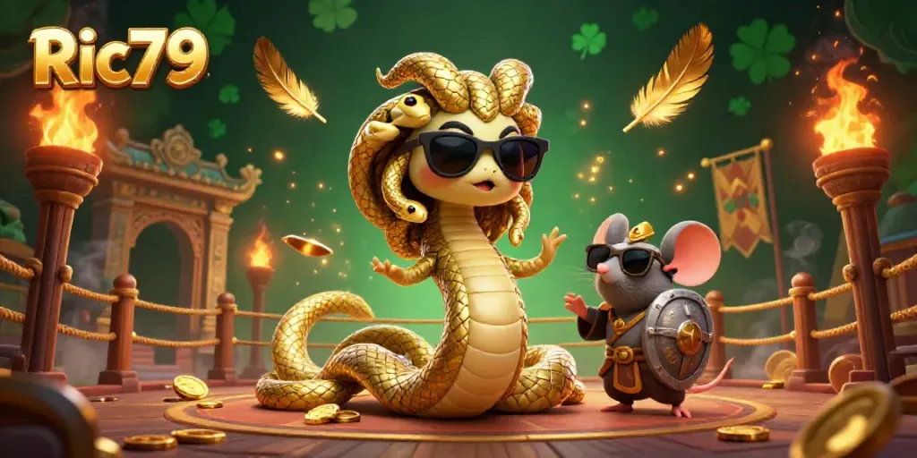 Engage with Ric79 through an imaginative casino scene featuring Medusa and a warrior mouse, vibrant and dynamic.