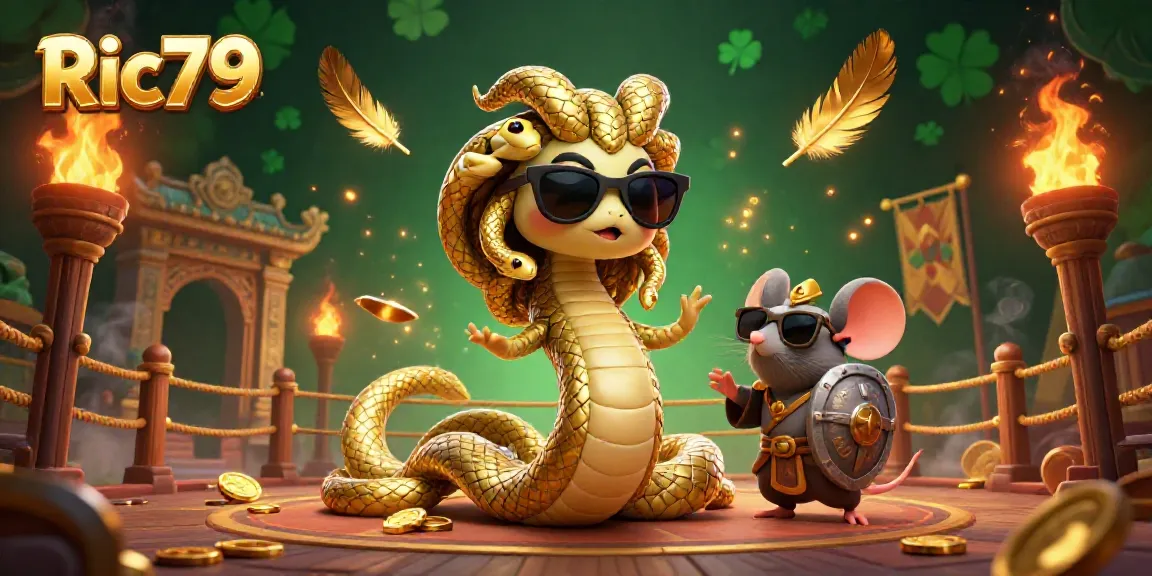 Engage with Ric79 through an imaginative casino scene featuring Medusa and a warrior mouse, vibrant and dynamic.