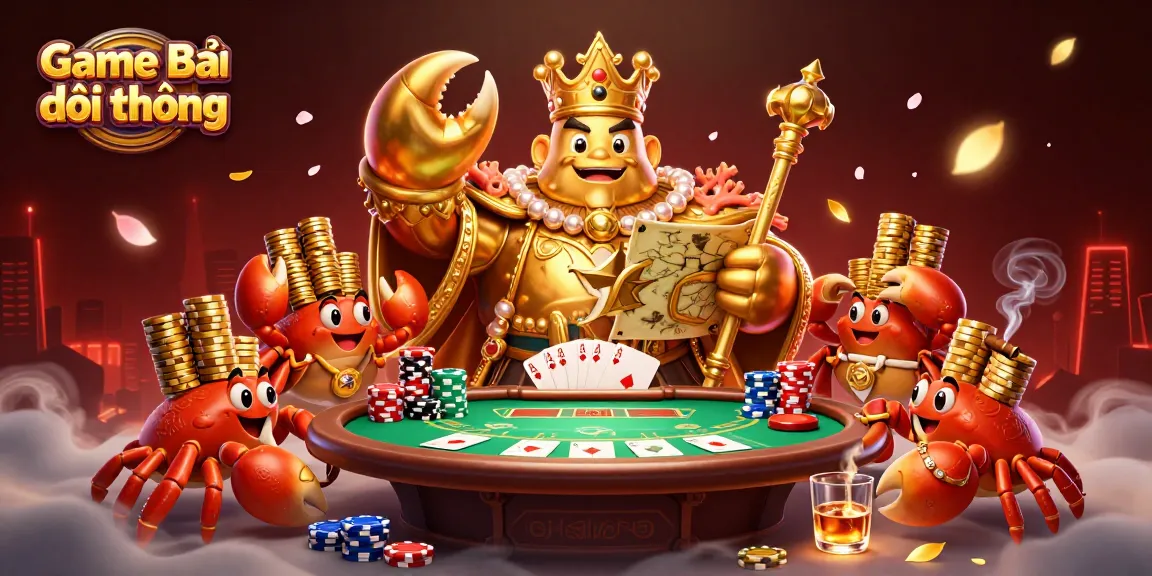 Engage in Game Bài Đổi Thưởng with an emperor crab holding treasures and vibrant casino elements.