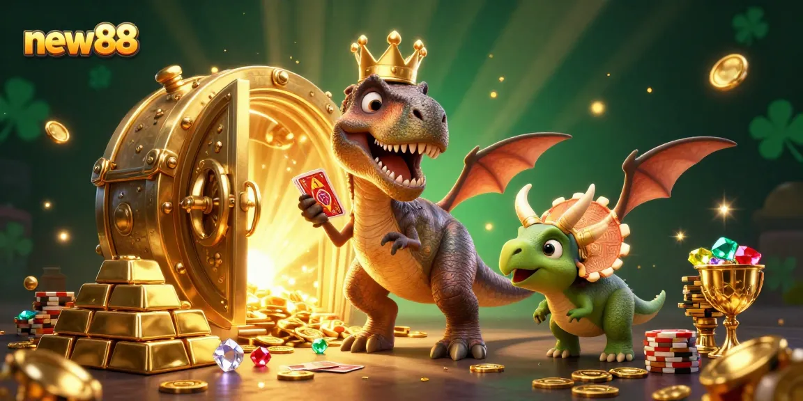 Experience the excitement of new88 with playful characters in a rich casino scene full of treasures.