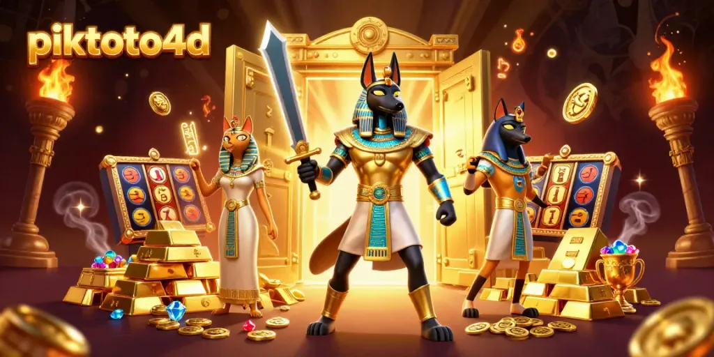 Engaging scene of piktoto4d with Anubis and Bastet surrounded by gold treasure and slot elements.
