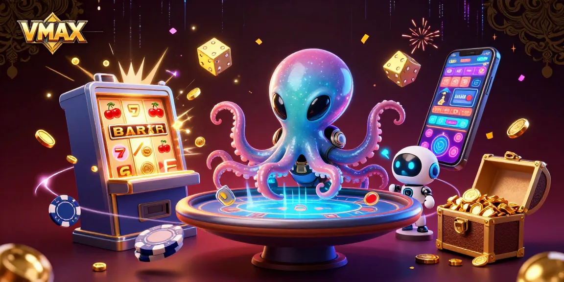 VMAX alien octopus playing poker with jackpot coins bursting in a vibrant casino scene