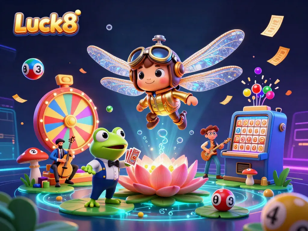 Experience excitement at Luck8 with a vibrant 3D casino scene showcasing games and a lively atmosphere.