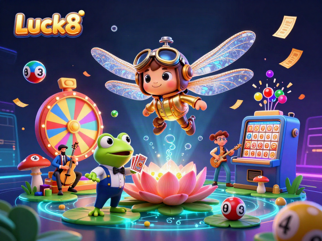 Experience excitement at Luck8 with a vibrant 3D casino scene showcasing games and a lively atmosphere.