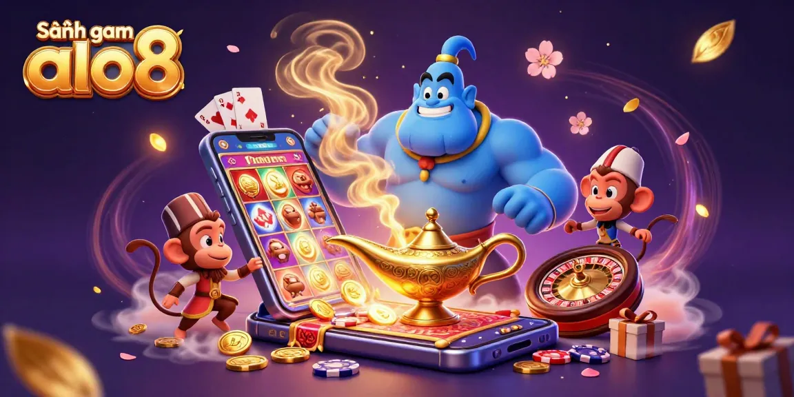 Experience the thrill of Sảnh game alo8 with a dynamic 3D casino scene featuring a magical genie and a smartphone.