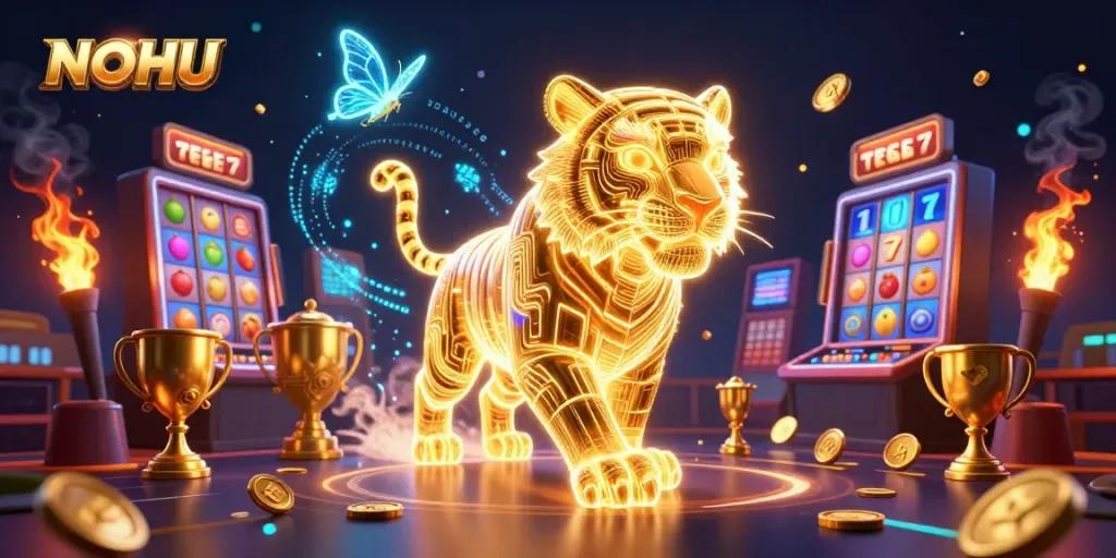 Engage in thrilling slots at NOHU with dynamic jackpots and golden elements, creating an electrifying atmosphere.