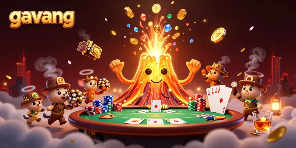 Gavang brings excitement to poker with golden volcano erupting coins and treasure amidst a rich casino backdrop.
