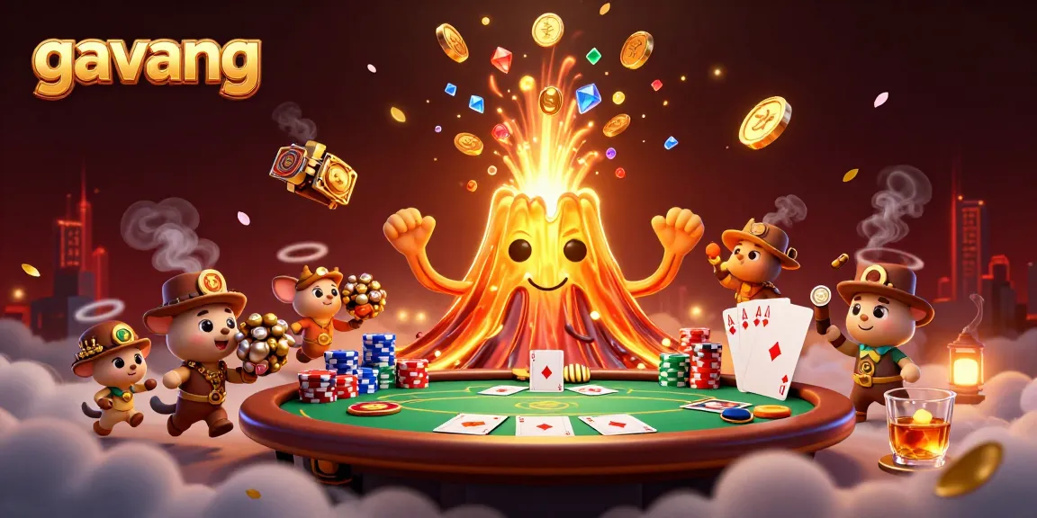 Gavang brings excitement to poker with golden volcano erupting coins and treasure amidst a rich casino backdrop.