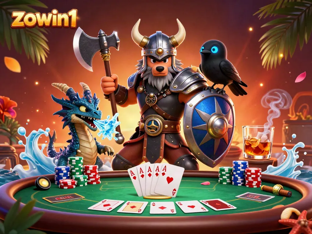 Experience thrilling gameplay with zowin1 featuring a Viking wolf warrior and exciting poker elements.