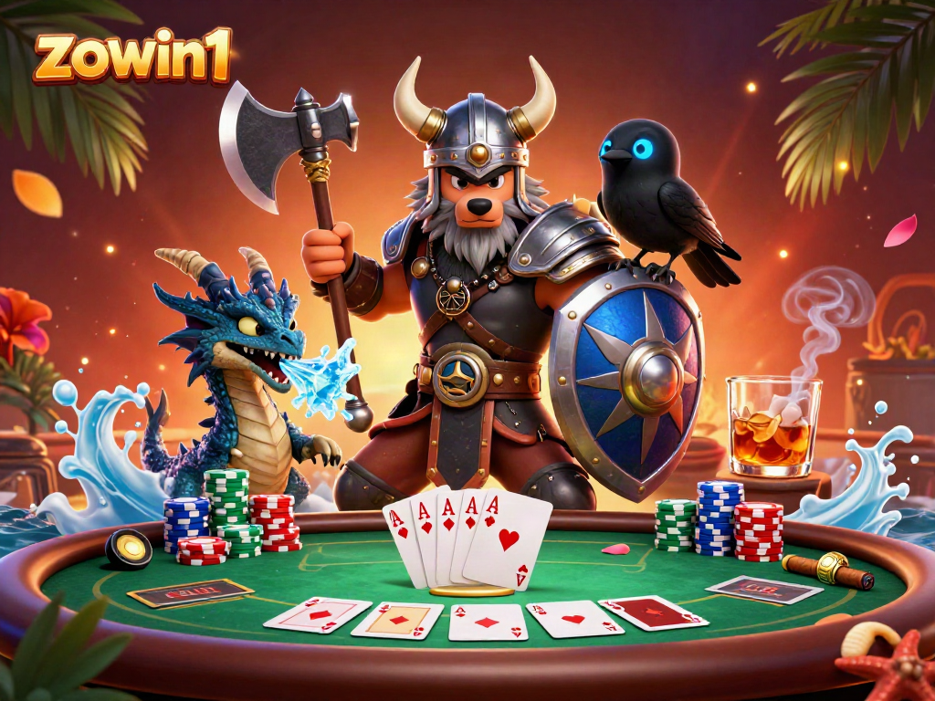 Experience thrilling gameplay with zowin1 featuring a Viking wolf warrior and exciting poker elements.