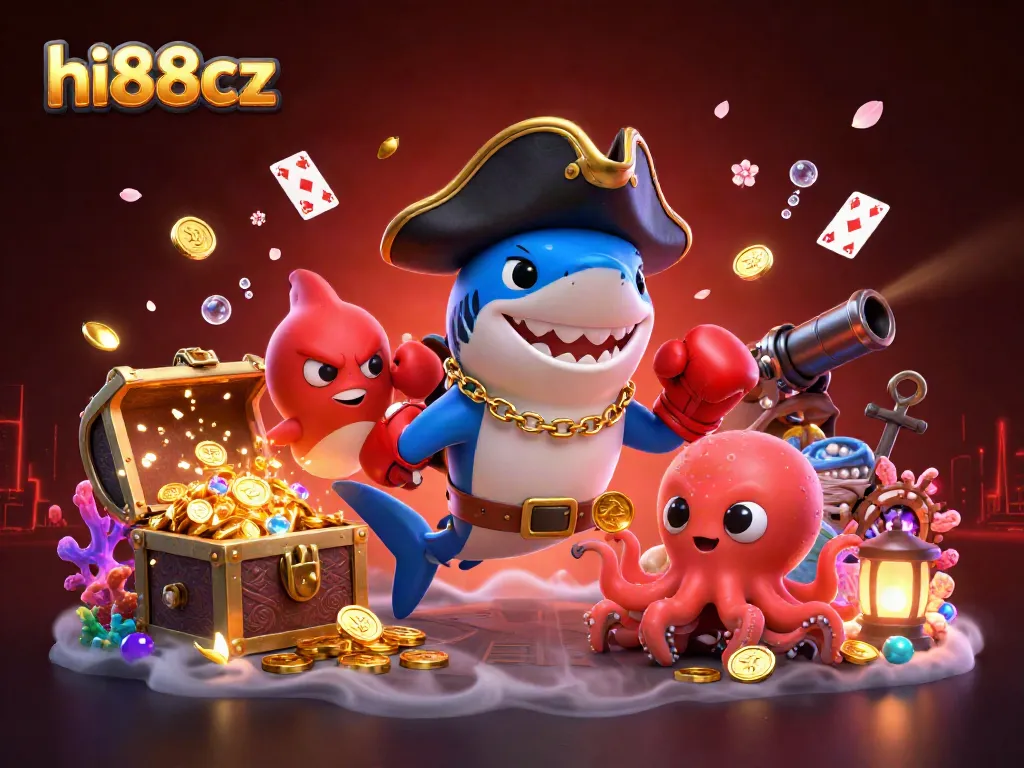 Spin to win with hi88cz's vibrant cartoon scene featuring a shark, pufferfish, and octopus!
