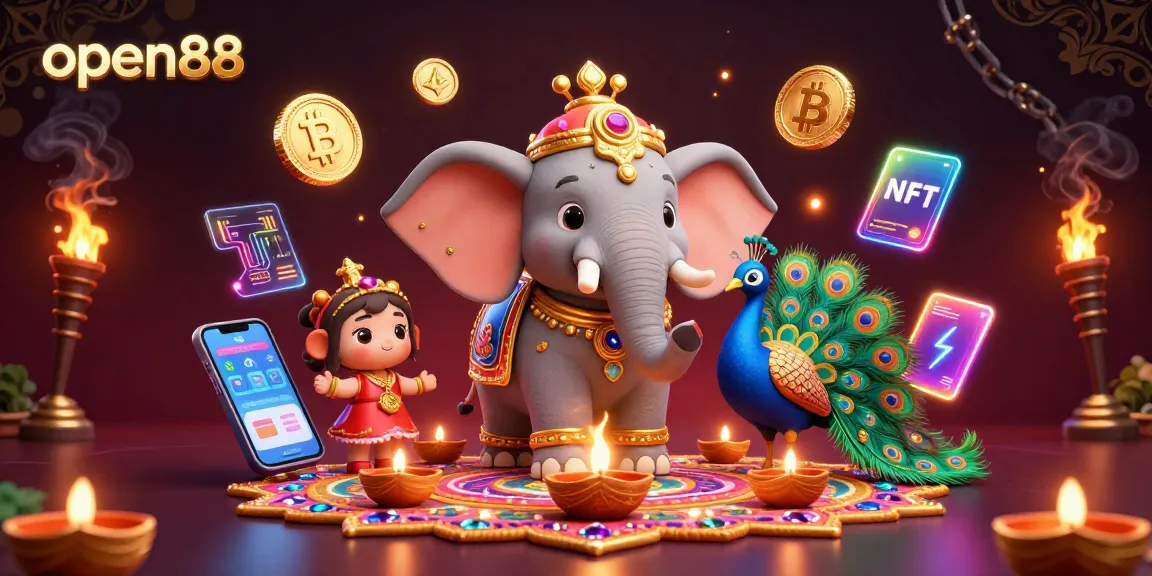 Experience the excitement of open88 with a vibrant 3D scene featuring a colorful elephant, peacock, and cryptocurrency elements.