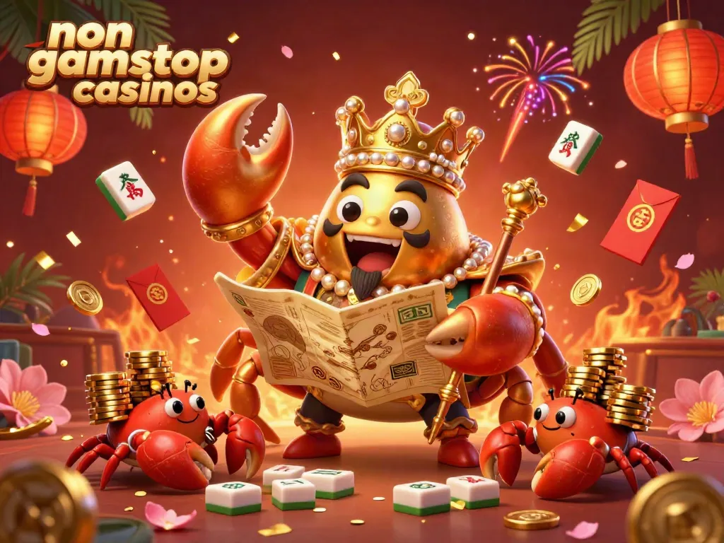 Engage with non gamstop casinos in this vibrant 3D casino illustration showcasing a golden crab emperor with treasure elements.