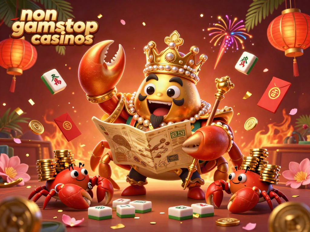 Engage with non gamstop casinos in this vibrant 3D casino illustration showcasing a golden crab emperor with treasure elements.
