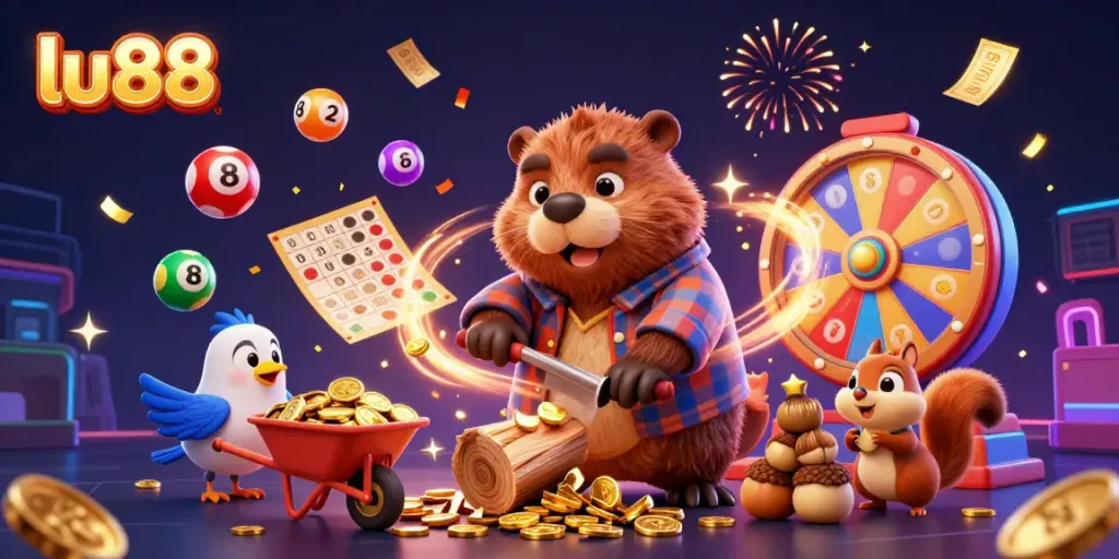 Win big at lu88 with a vibrant scene featuring cartoon characters in a dynamic casino setting, enjoying lottery games with colorful elements.