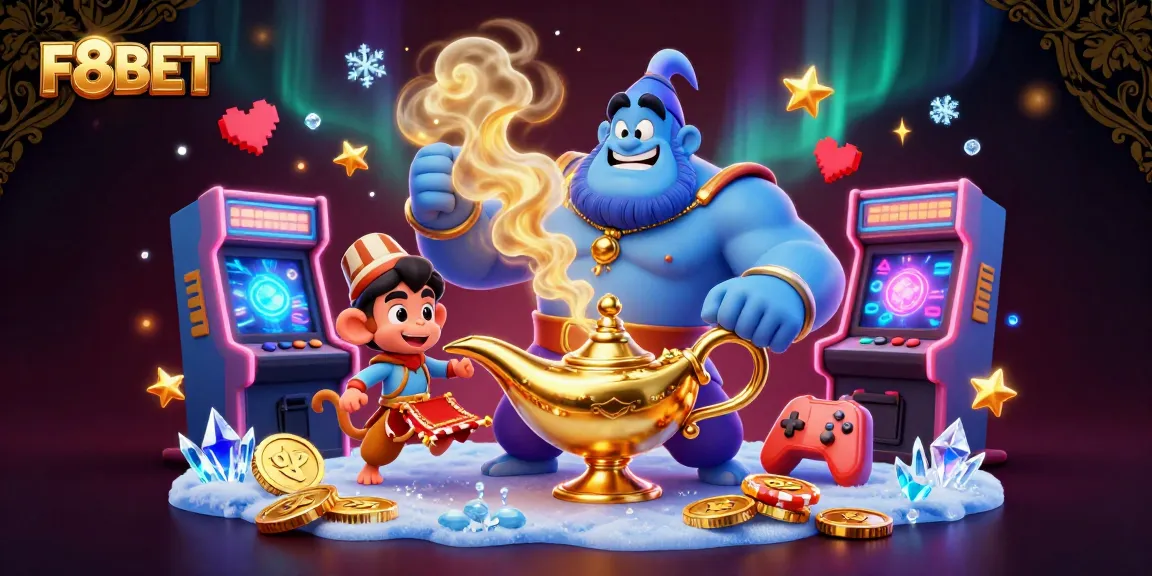 Experience F8BET's vibrant casino world with a magical genie, poker chips, and gaming elements.