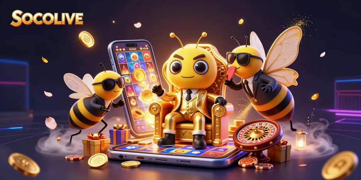 SOCOLIVE captivates with a dynamic 3D scene of a bumblebee mob boss presiding over a casino throne, surrounded by game elements.