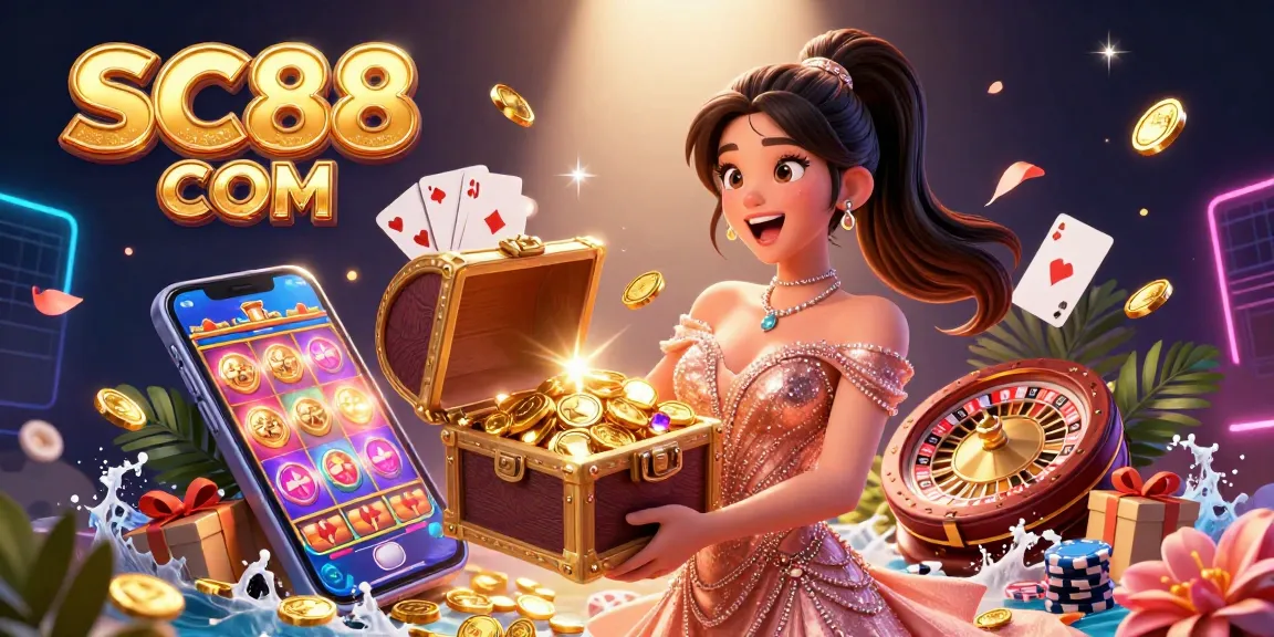 Experience the thrill at SC88 COM as a glamorous Asian woman reveals treasures amidst vibrant casino elements.