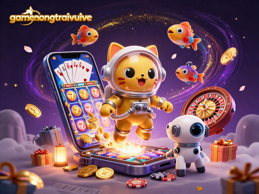 Experience gamenongtraivuive with a thrilling 3D casino scene featuring jackpot slots and space-themed characters.