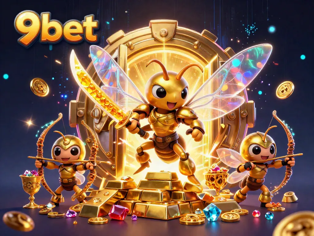 Experience the excitement of 9bet with a dynamic scene featuring a samurai hornet amidst gold treasures.
