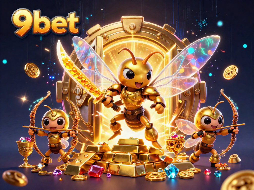 Experience the excitement of 9bet with a dynamic scene featuring a samurai hornet amidst gold treasures.
