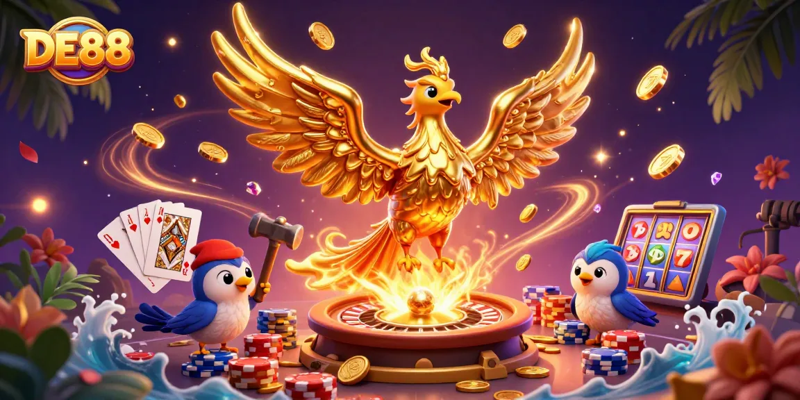 Experience thrilling DE88 gameplay with a golden phoenix, coins, and spinning roulette.