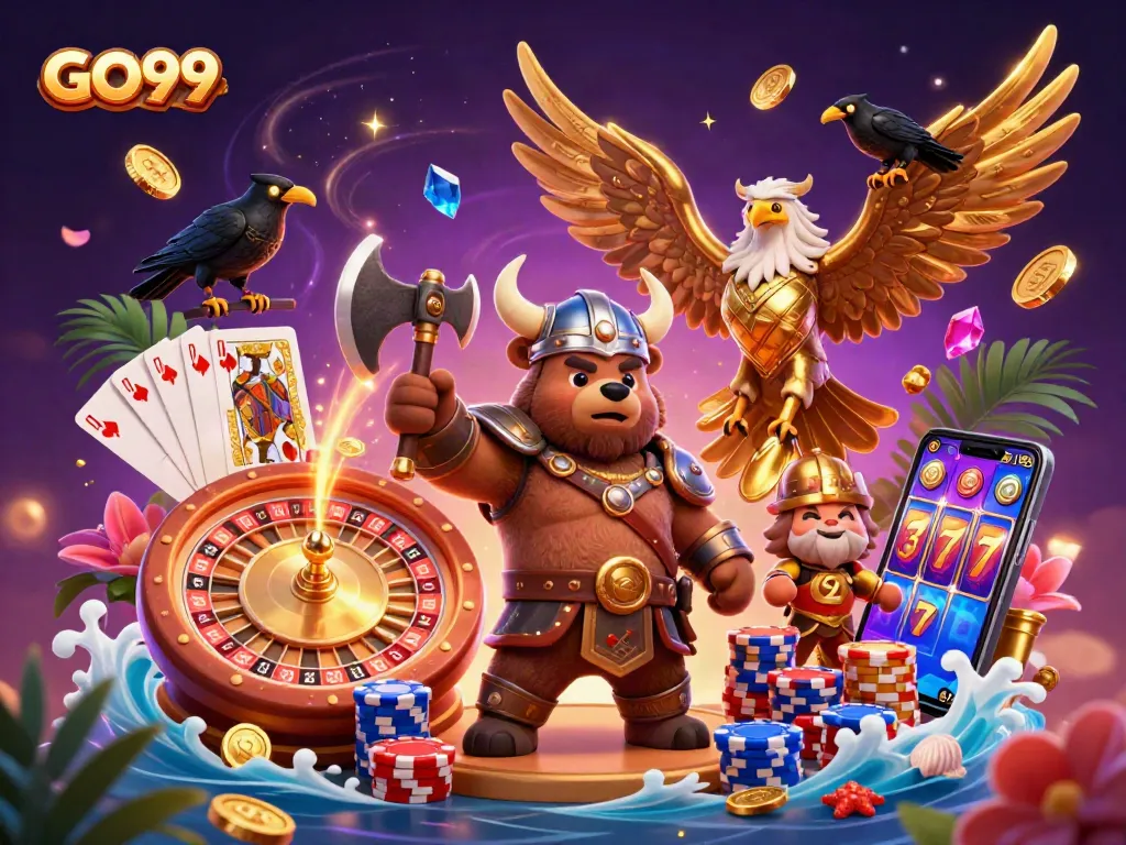 Engage with GO99's thrilling casino adventure featuring a Viking berserker and golden eagle amidst flying gold coins.