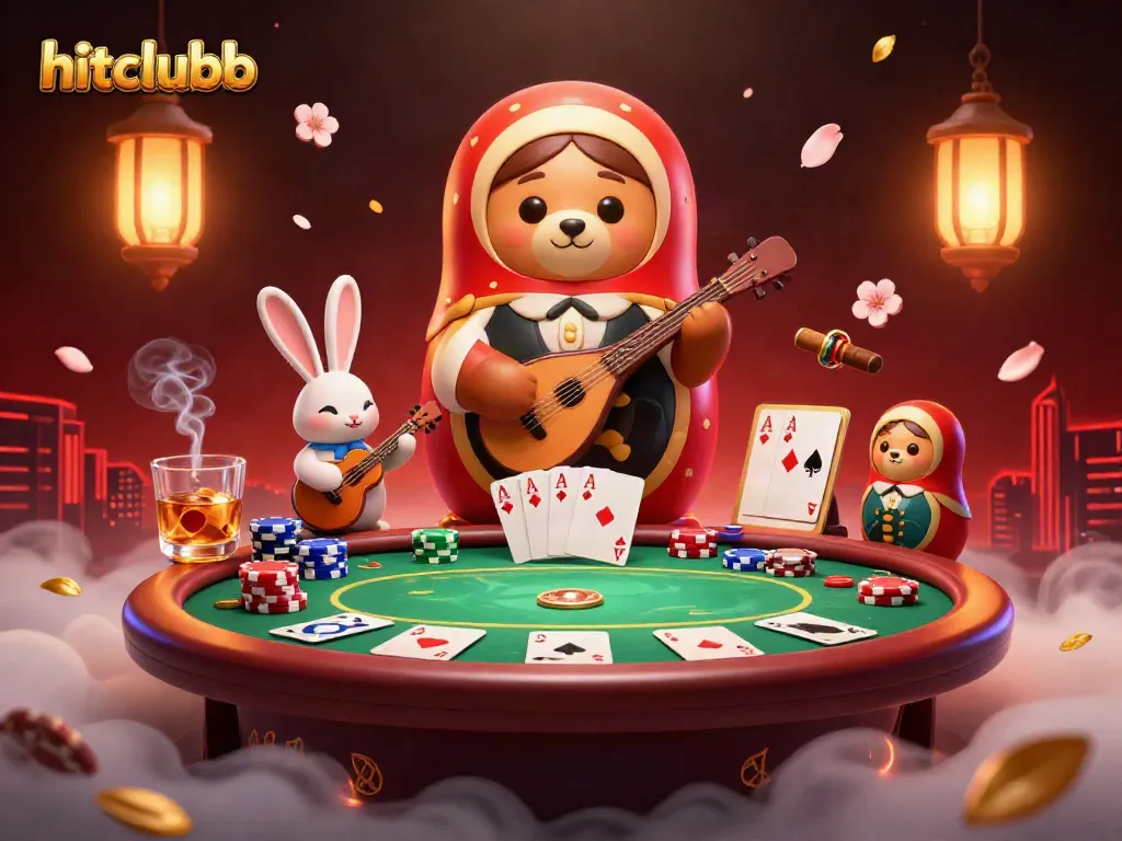 Experience thrilling poker action with hitclubb as Russian Matryoshka bears reveal casino dealers amid vibrant gambling elements.