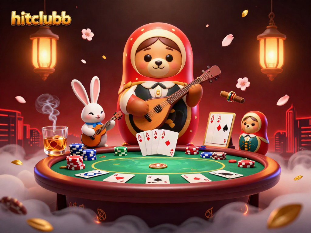 Experience thrilling poker action with hitclubb as Russian Matryoshka bears reveal casino dealers amid vibrant gambling elements.